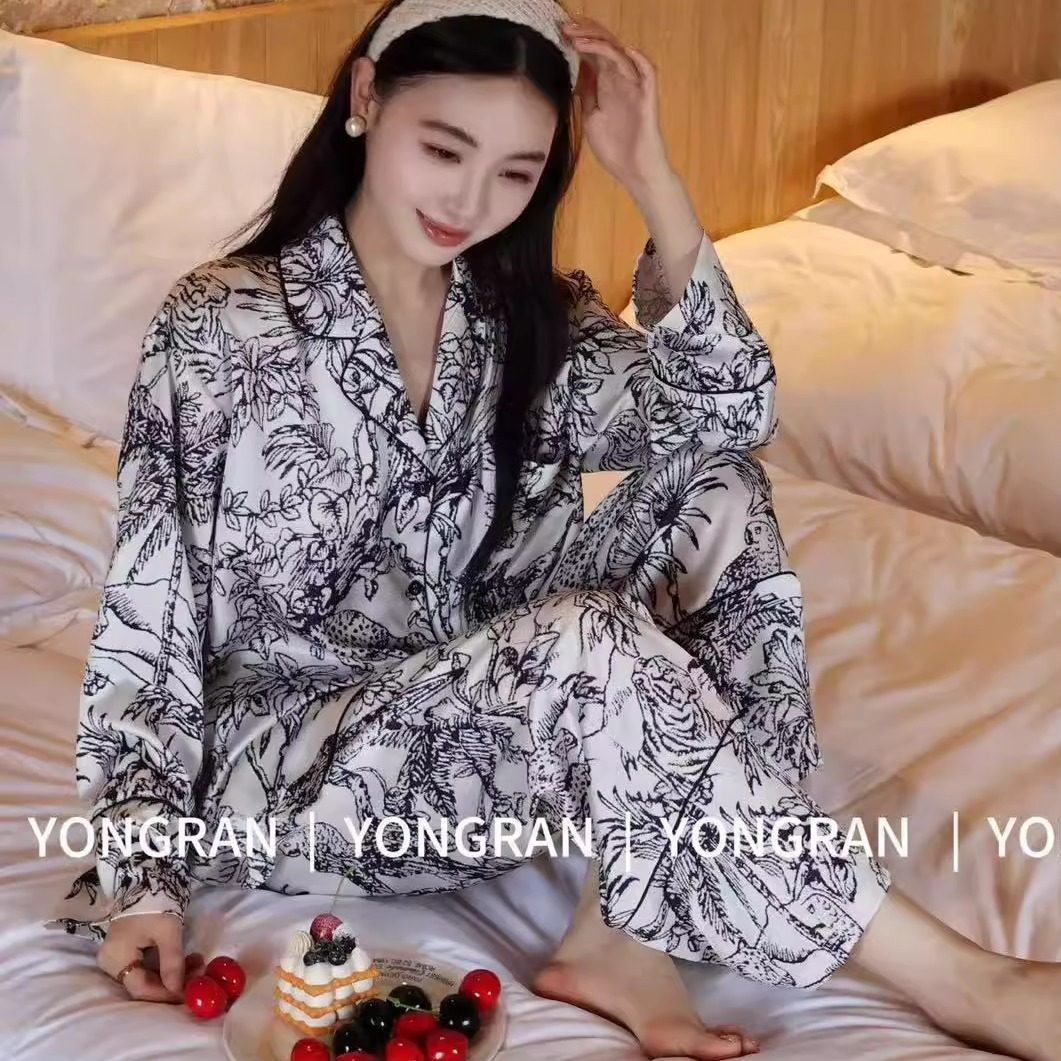 雍然YONGRAN南韩丝长袖长裤睡衣条纹高2025秋装衣女士冰丝家居服