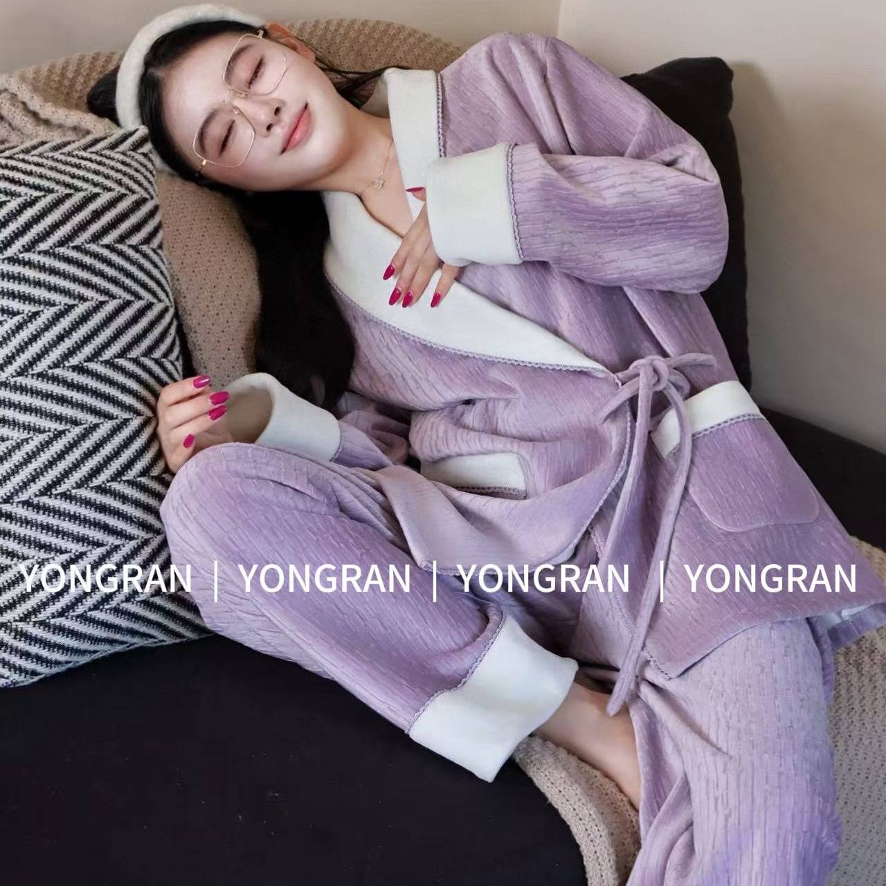 雍然法式保暖睡衣紫色气质高端海岛绒睡袍式加厚保暖家居服两件套