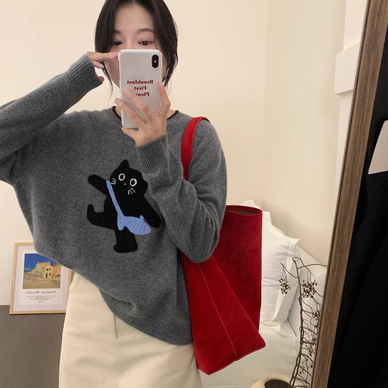 秋冬新款羊绒毛衣女圆领外穿套头羊绒衫超减龄卡通小猫打底针织衫