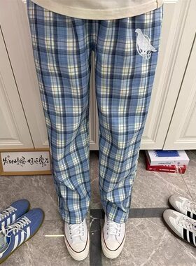 北卡刺绣蓝直喇叭拉链长裤男美式宽松格子休闲裤cleanfit阔腿裤潮