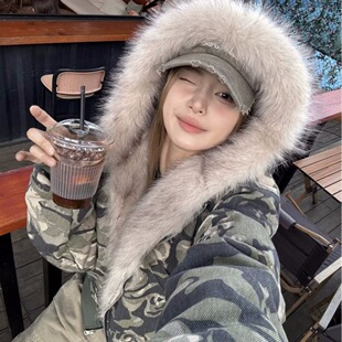 冬季美式复古迷彩毛领夹克棉服男款加厚小众设计感连帽外套