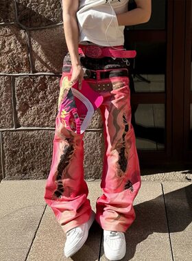 美式复古3D打印双腰头阔腿牛仔裤男女款秋季街头vibe宽松拖地微喇