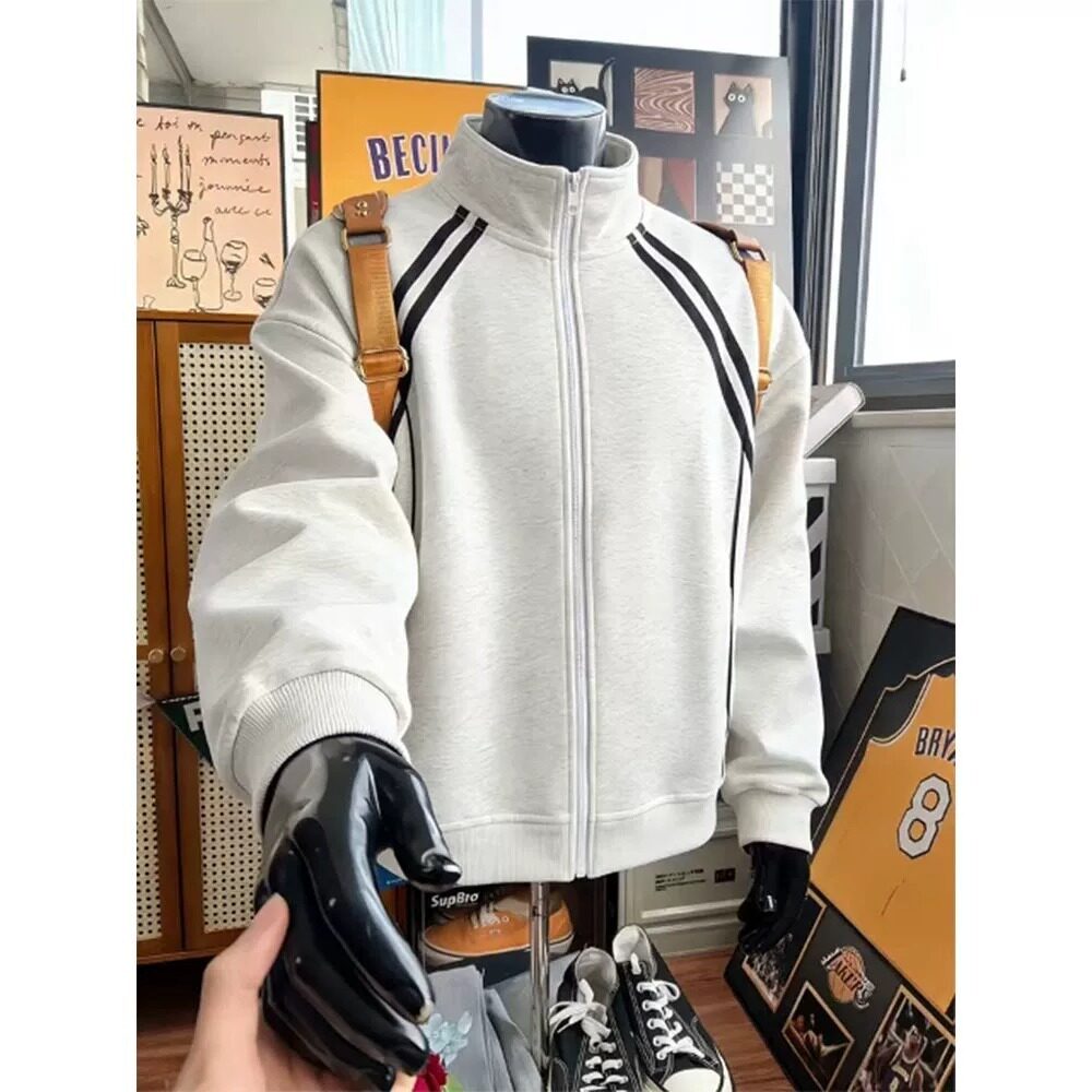 灰色条纹立领开衫卫衣男女款春季休闲运动外套美式重磅情侣夹克衫图片