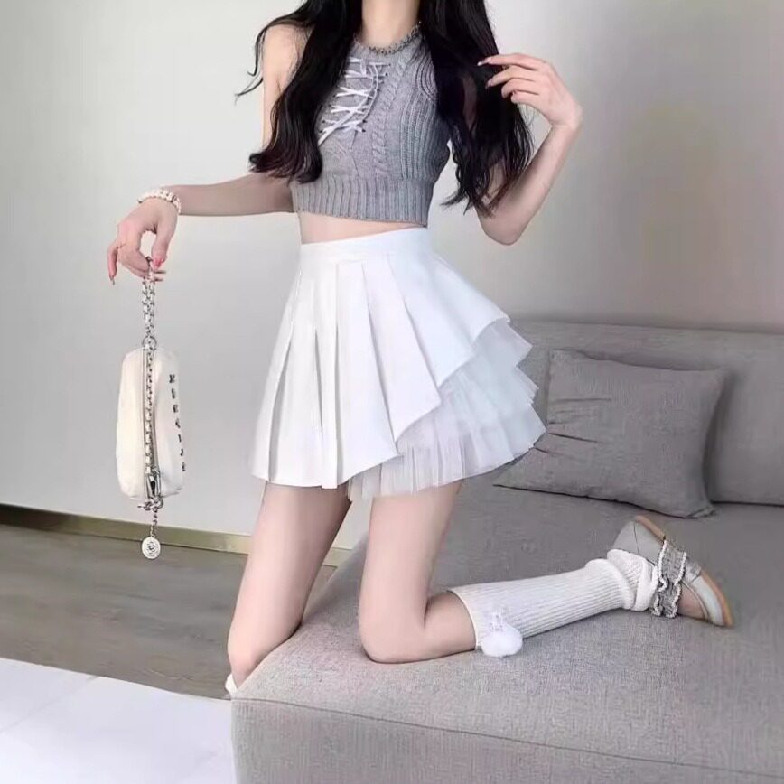 白色蓬蓬裙半身裙女夏季款甜辣纯欲风高腰百褶裙小个子a字短裙韩
