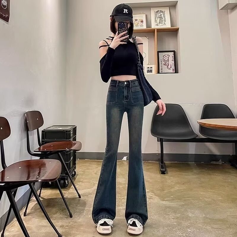 时尚气质微喇牛仔裤女秋冬新款高腰显瘦复古拖地紧身微喇叭裤韩版