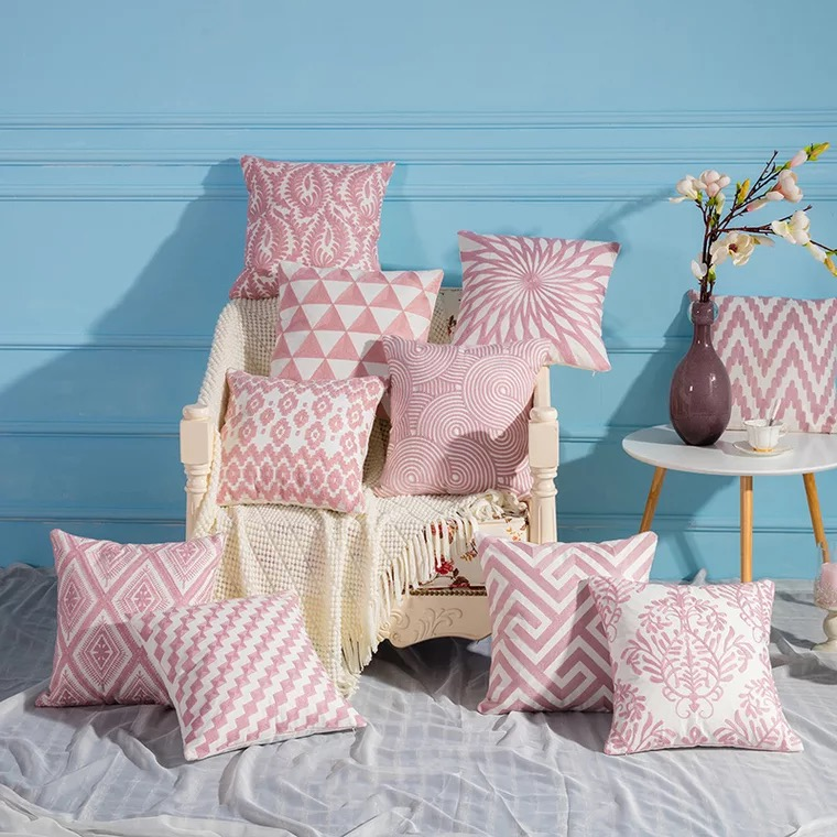 北欧幾何学現代簡単立体刺繍抱き枕ピンク純綿ソファオフィス背中刺繍クッションカバー