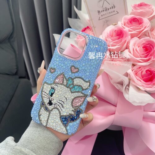 苹果18promax天空蓝水钻手机壳17pro玛丽猫16pro全包15硬壳不变黄