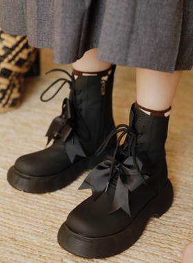 折扣上新ANNandSAM磨砂蝴蝶结甜酷马丁靴平底增高松糕2025新品秋