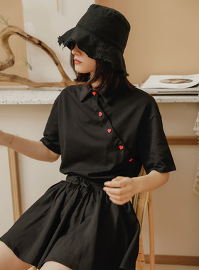 ANN and SAM 自制 爱心纽扣可爱翻领polo衫短袖2024春夏 秋冬新款