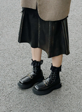 ANN and SAM  火爆啦 金属横条黑色乐福鞋学院增高松糕 2025新品