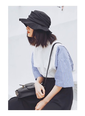 ANN and SAM 海军拼接白色条纹衬衫 清新撞色夏日好搭配2024春夏