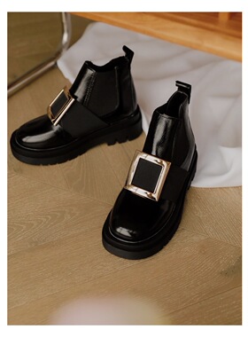 ANNandSAM撞色简洁线条感切尔西短靴方扣金属马丁靴帅气2025秋冬