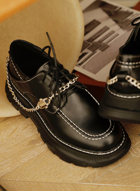 ANNandSAM金属朋克链条马丁 英伦小皮鞋方头单鞋黑色2025新品秋冬