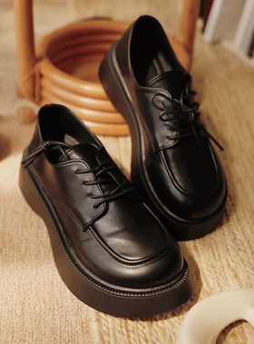 ANNandSAM大头黑色皮鞋学院风帅气 厚底朋克复古系带2025新品秋冬