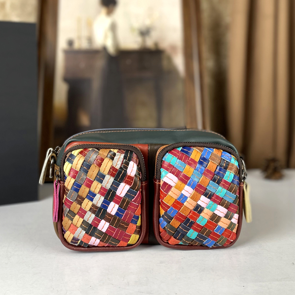 2025新款头层牛皮手工编织女包真皮彩色手机包百搭斜挎包单肩小包