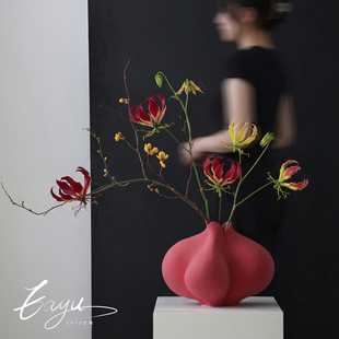 绝美花瓶摆件客厅插花法式奶油风异形轻奢高级感餐桌中古大号花器