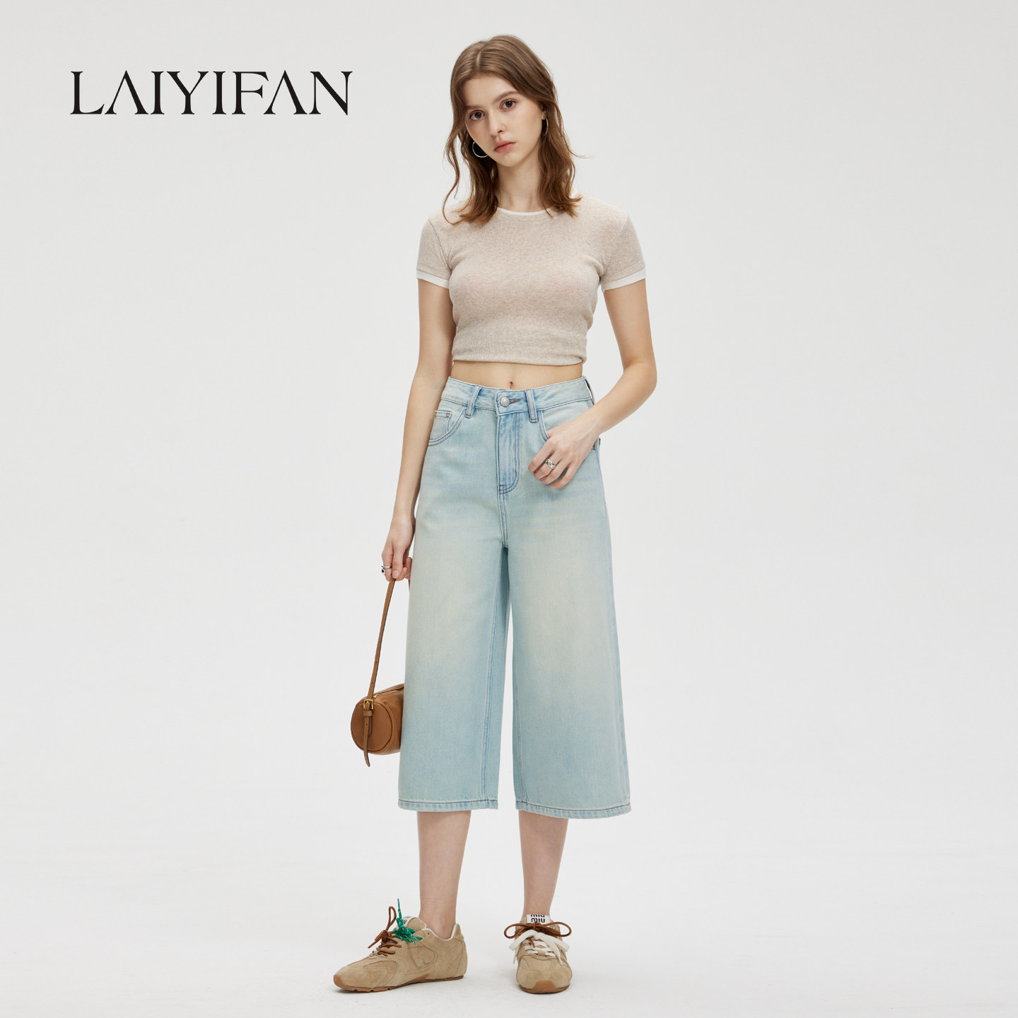 LAIYIFAN【会呼吸的莱赛尔棉】松弛感牛仔中裤女款宽边阔腿七分裤