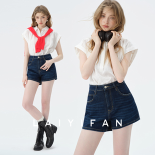 宽松a字阔腿热裤 籁以凡 女2026夏季 高腰显瘦牛仔短裤 莱卡四面弹