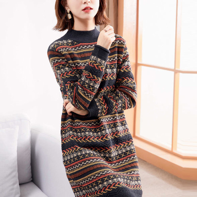 大牌2025秋冬新款半高领中长款毛衣女羊毛针织连衣裙加厚打底衫