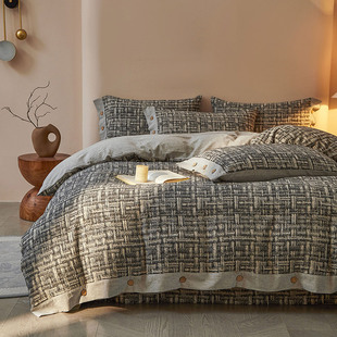 新款 通用棉麻面料床品套件 水洗棉麻色织提花双层纱四件套四季