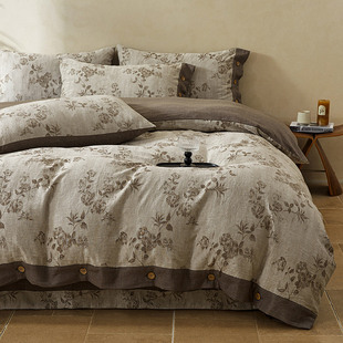 新款 文艺床上用品 水洗棉麻色织提花四件套素雅简约床品套件新中式