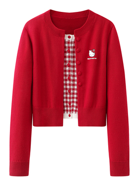 2026早春新品假两件针织开衫新年氛围感减龄撞色短款格子毛衣女