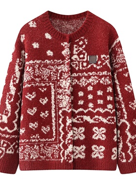 2026春季新品新年红色针织开衫复古费尔岛撞色提花宽松毛衣外套女
