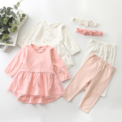 NB-24月女宝春秋长袖裙子打底裤婴儿发带纯棉爱心软纱公主连衣裙