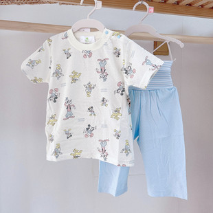 日单80-100宝宝薄软网眼家居睡衣T恤小童纯棉透气卡通上衣+护肚裤