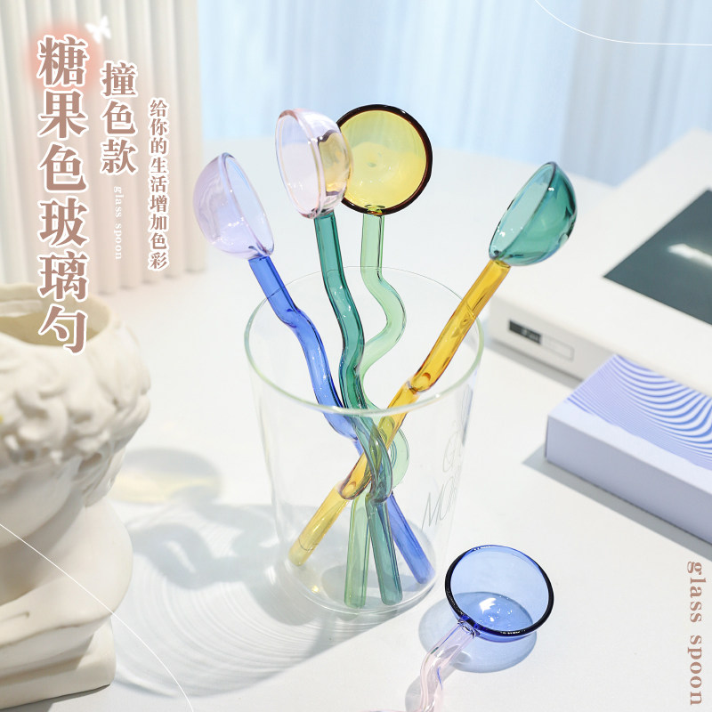 ins风创意糖果色撞色款玻璃彩勺 可爱彩色弯曲手柄高硼硅玻璃勺子