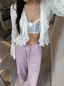 RAY 法式针织开衫荷叶边镂空防晒衣外套女夏季短款吊带背心两件套