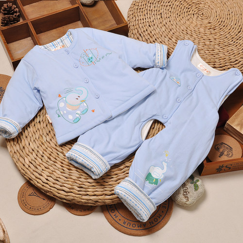 偶园M085婴儿衣服分体套装厚款背带裤秋冬棉花对襟男女宝宝棉衣