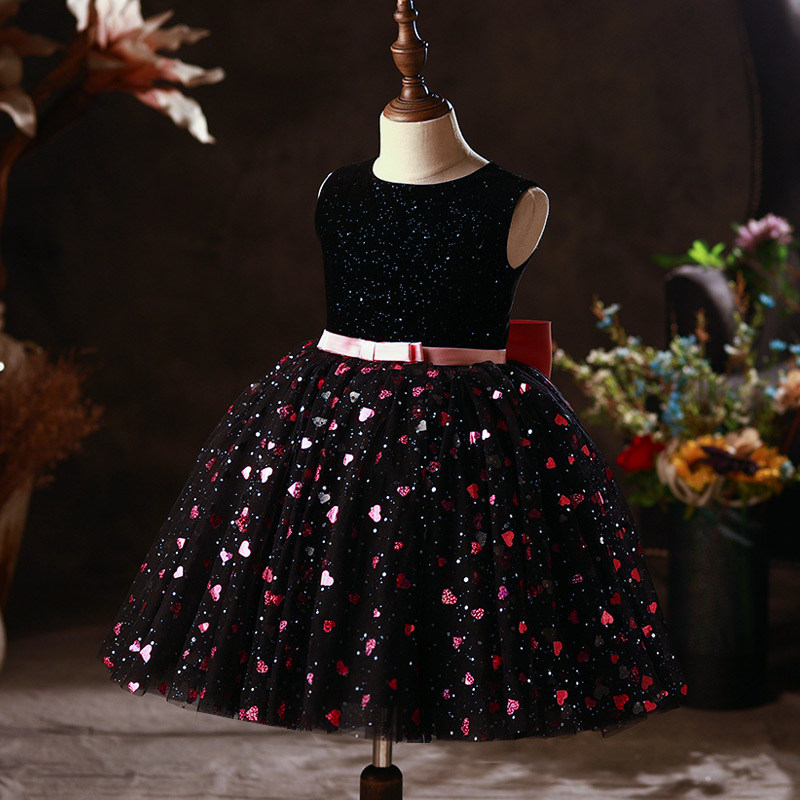 儿童礼服公主裙小主持人走秀洋气生日蓬蓬纱女孩生日黑色晚礼服