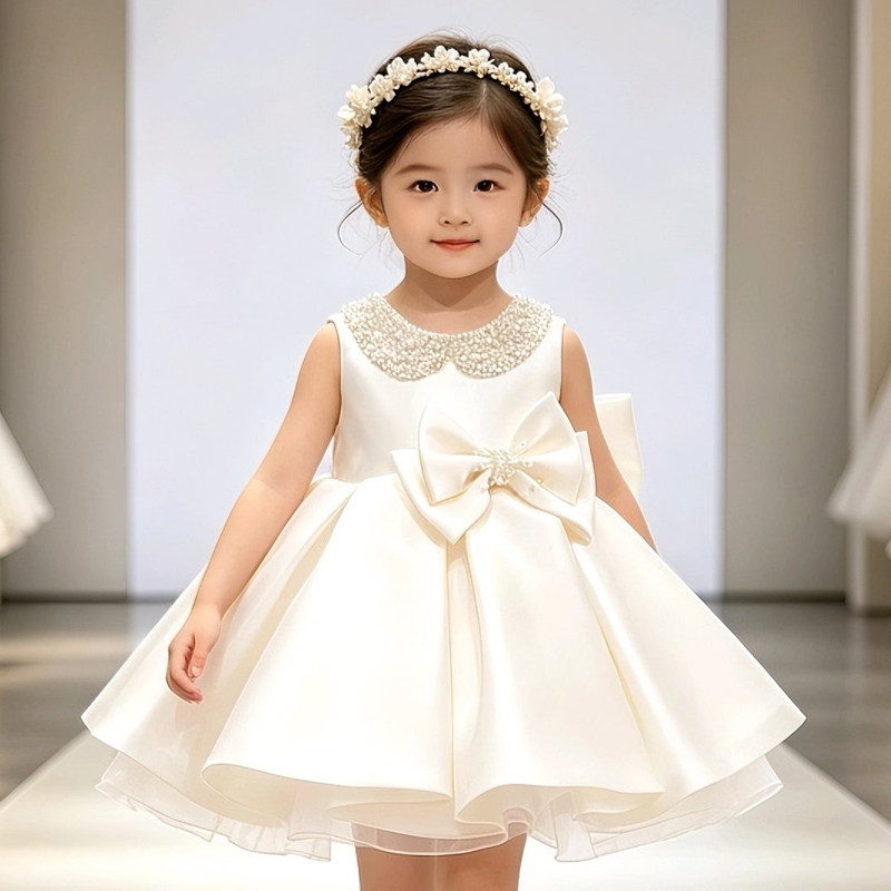 小花童礼服女婚礼缎面公主蓬蓬裙宝宝一周岁生日女童轻奢儿童洋气