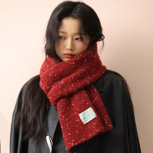 韩系ins彩点羊毛混纺针织围巾女冬季保暖防寒红色围脖新年氛围感