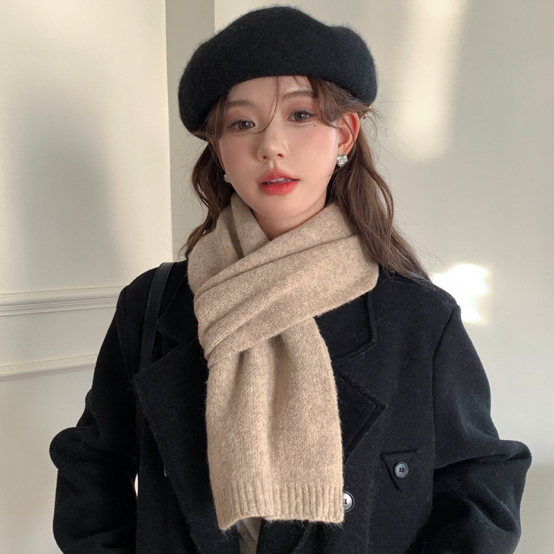 韩系纯色针织毛线羊毛混纺围巾女冬季保暖时尚百搭短款蓝色围脖潮