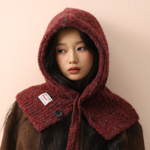 显脸小红色巴拉克拉法帽女冬季加厚保暖护耳针织毛线帽子围巾一体