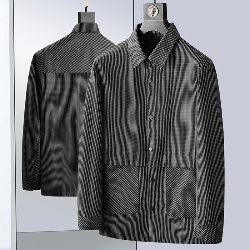 大码男小格子翻领夹克品质外套男加肥加大宽松休闲胖子夹克外套潮