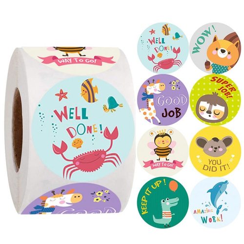 500个/卷奖励鼓励图案贴纸幼儿园教师卡通手绘可爱圆形动物封口贴