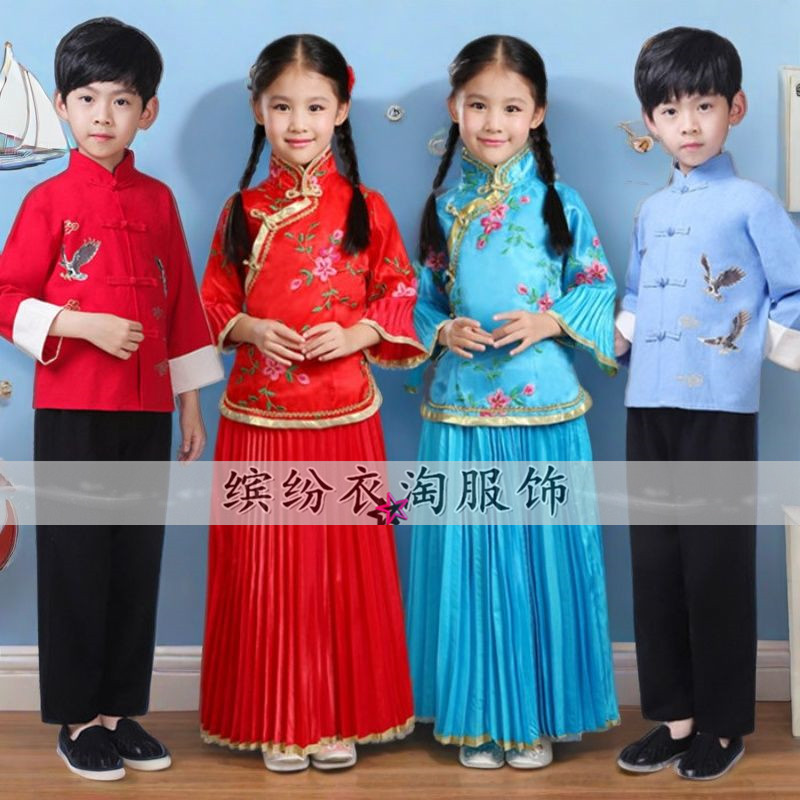民国小姐装朗诵合唱男款舞台装儿童演出服摄影艺术写真绣花裙粉红