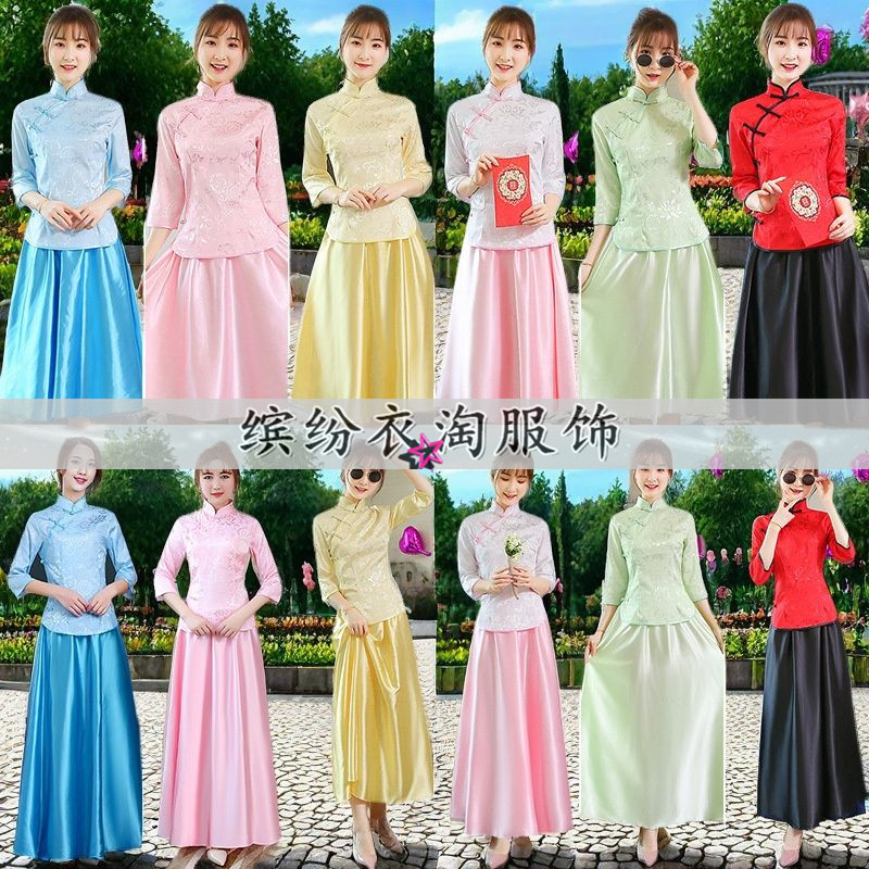 民国古装女古典舞台装婚礼中式伴娘服学生毕业班服民乐古筝演出服