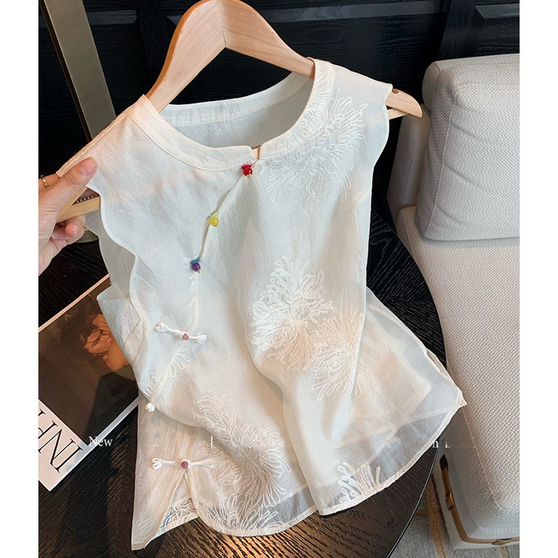 新中式刺绣斜襟盘扣无袖上衣女夏新款高级感气质减龄百搭立领背心