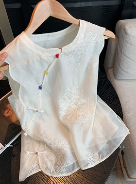 新中式刺绣斜襟盘扣无袖上衣女夏新款高级感气质减龄百搭立领背心