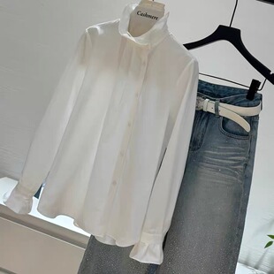 女装 衬衫 日常休闲上衣 花苞领斜边门襟天丝白色长袖 2026年春秋新款