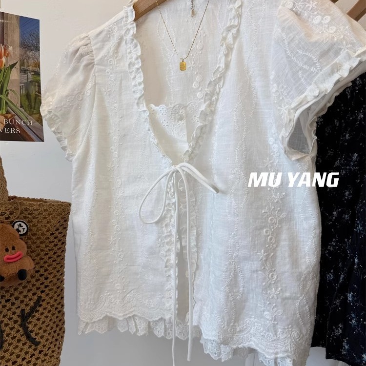 开襟绑带假两件刺绣花边木耳蕾丝衬衫女夏季2025新款显瘦甜美衬衣