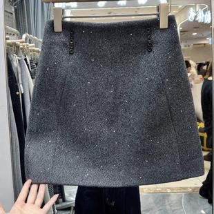 小香亮片灰色羊毛呢半身裙女冬新款短裙防走光高腰显瘦A字包臀裙