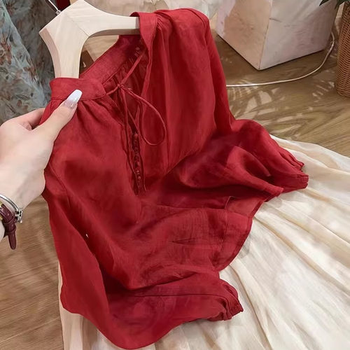 CHAO级推荐！文艺复古红色v领系带苎麻衬衣女高端秋减龄宽松上衣