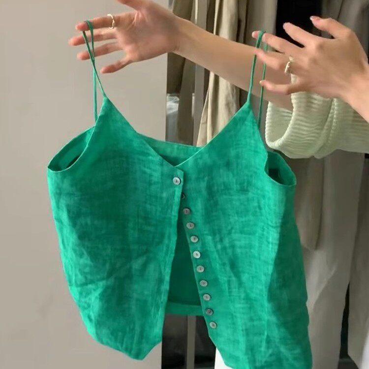 韩系设计感小众chic别致上衣女夏季新款绿色棉麻亚麻开衫吊带T恤