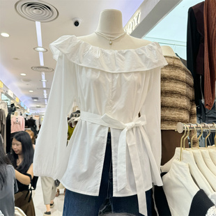 春秋2026新品 上衣 温柔风荷叶边一字肩开衩排扣衬衣女小众百搭长袖