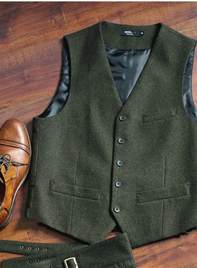 美式复古Tweed军绿羊毛呢西装马甲男修身复古无袖V领马夹休闲咔叽